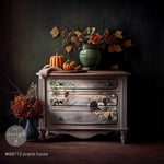Load image into Gallery viewer, Prairie House Redesign with Prima Maxi Transfer - large autumnal floral design with antlers interspersed on the front of a vintage chest of drawers
