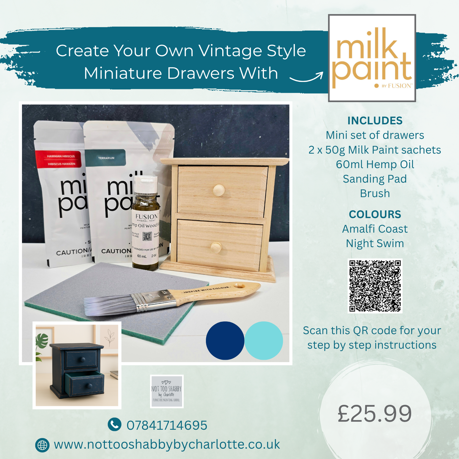 Navy and turquoise aqua Milk Paint miniature painted vintage drawers Project Gift Set Kit