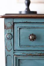 Load image into Gallery viewer, Homestead House Milk Paint Quaker Blue closeup of distressed drawer mouldings
