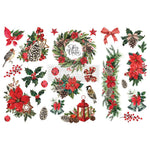 Load image into Gallery viewer, Classic Christmas Redesign with Prima transfer featuring poinsettias, fir, holly and ivy wreaths and garlands, bows, lanterns, stars and bells in traditional red and green

