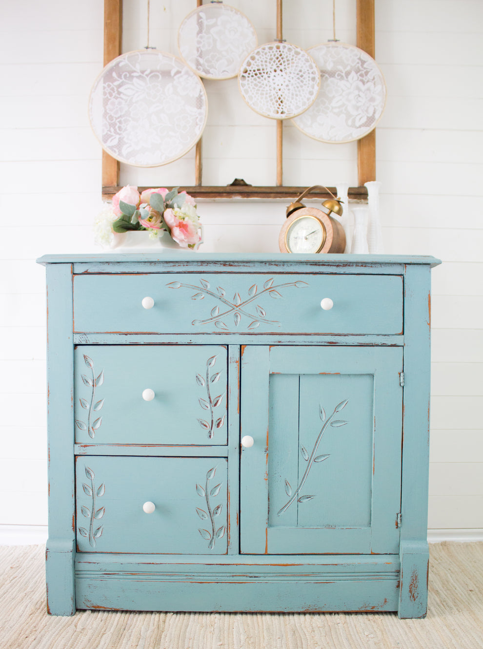 Homestead House Milk Paint Loyalist painted sideboard with carved floral detail