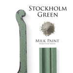 Load image into Gallery viewer, Homestead House Milk Paint Stockholm Green Flat Lay with powder, painted trim and distressed moulding
