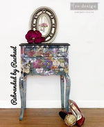Load image into Gallery viewer, Pressed Flowers Redesign with Prima Extra Large Transfer on a grey green leggy bedside table
