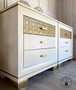 Load image into Gallery viewer, Sunlit Diamonds Redesign with Prima Stencil from the Kacha Collection - art deco fan design stencilled in gold over feature wooden drawers
