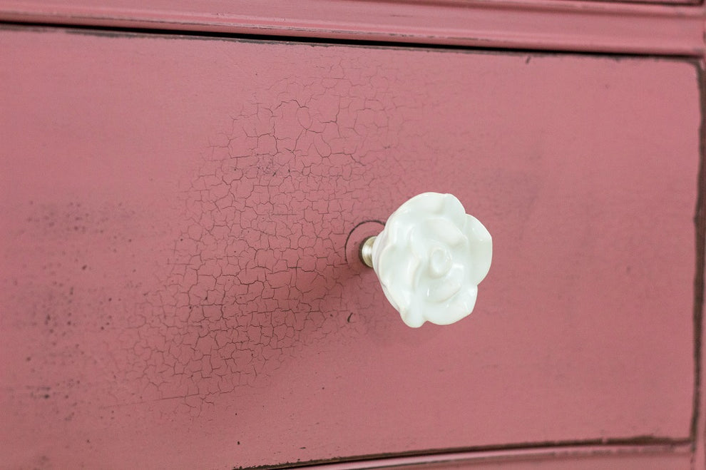 Homestead House Milk Paint Texas Rose Drawer close up with crackle