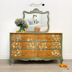 Load image into Gallery viewer, Orange Grove Redesign with Prima Extra Large Transfer featuring orange tree brances and pale blue hummingbirds across wooden drawers
