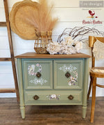 Load image into Gallery viewer, Tribal Imprint Redesign with Prima Stencil paired with owls and florals on a safe green cabinet
