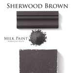 Load image into Gallery viewer, Homestead House Milk Paint Sherwood Brown Flat Lay with powder, painted trim and textured sample
