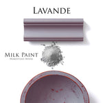Load image into Gallery viewer, Homestead House Milk Paint Lavande Flat Lay with powder, painted trim and chippy wooden bowl
