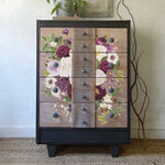 Load image into Gallery viewer, Meet Me In The Garden Redesign With Prima Extra Large Transfer, a collection of purple flowers and green foliage split in half and applied vertically on a chest of drawers
