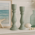 Load image into Gallery viewer, Pair of stone effect candlesticks painted in Thyme green Alchemy by Fusion

