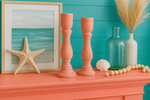 Load image into Gallery viewer, Pair of limed stone effect candlesticks painted in Sunset coral Alchemy By Fusion
