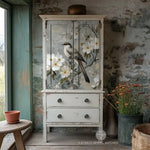 Load image into Gallery viewer, Gentle Watcher Redesign with Prima Decoupage Fibre Paper with white flowers, neutral colours and large central bird as the design across the doors of a dresser 
