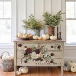 Load image into Gallery viewer, Rustic Charm Extra Large Redesign with Prima Transfer - autumnal florals and antlers on a beige distressed vintage chest of drawers
