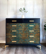 Load image into Gallery viewer, Aged Patina A1 Redesign by Prima Fibre Decoupage Paper on a chest of drawers
