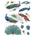 Load image into Gallery viewer, Peacock Dreams Redesign with Prima X Large Transfer, peacocks and peacock feathers in shades of teal, blue, green and rusty orange

