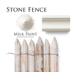 Load image into Gallery viewer, Homestead House Milk Paint Stone Fence Flat Lay with powder, painted trim and rustic picket fence
