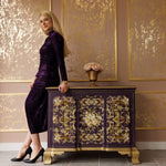 Load image into Gallery viewer, Orleans Redesign with Prima Extra Large Transfer from the Kacha Collection, ornate and equisite baroque scroll and rose design on the front of a deep plum purple sideboard with Kacha leaning against it

