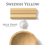 Load image into Gallery viewer, Homestead House Milk Paint Swedish Yellow Flat Lay with powder, painted trim and chippy bowl
