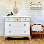 Load image into Gallery viewer, Motif Geometrique Redesign with Prima Small Transfer - nested square, honeycomb and zigzag gold geometric patterns as feature top drawers
