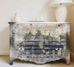 Load image into Gallery viewer, White Fleur X-Large Redesign with Prima Transfer - white flowers, lace and wooden fence panels on the front of a cabinet
