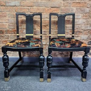 Bespoke painted vintage black dining chairs with gold stripe