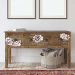 Load image into Gallery viewer, Desert Rose Redesign with Prima Middy Transfer - faded roses alongside delicate script applied to a rustic raw wood leggy sideboard
