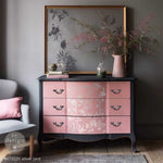 Load image into Gallery viewer, Silver Bird Foil Transfer - By Kacha for Redesign with Prima, applied to the centre of coral drawers with a black frame
