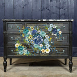Load image into Gallery viewer, Cosmic Roses Extra Large Redesign with Prima Transfer - blue, turquoise and cream flowers with gold writing on the frontbpf a vintage black chest of drawers
