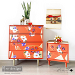 Load image into Gallery viewer, Modernist Floral Extra Large Redesign with Prima Transfer from the Cece Collection, bold abrast floral shapes in bright red, white and purple on bright red mcm drawers
