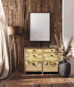 Load image into Gallery viewer, Gilded Lace Redesign with Prima Decoupage Fibre Paper applied to the front of a wooden sideboard in a rustic country room
