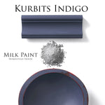 Load image into Gallery viewer, Homestead House Milk Paint Kurbits Indigo Flat Lay with powder, painted trim and distressed chippy bowl
