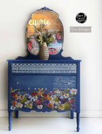 Load image into Gallery viewer, Pressed Flowers Redesign with Prima Extra Large Transfer on a steel blue chest of drawers
