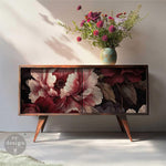Load image into Gallery viewer, Dreamy Rose Cascade Redesign with Prima Decoupage Fibre Paper with large red, white and black blooms across the front of large sideboard doors
