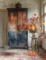Load image into Gallery viewer, In The Field Redesign with Prima Copper Rose Gold Foil Transfer from the Kacha Collection featuring cascading leaves on a wardrobe painted in ombre from charcial at the top through pale pink in the middle to slate blue at the bottom
