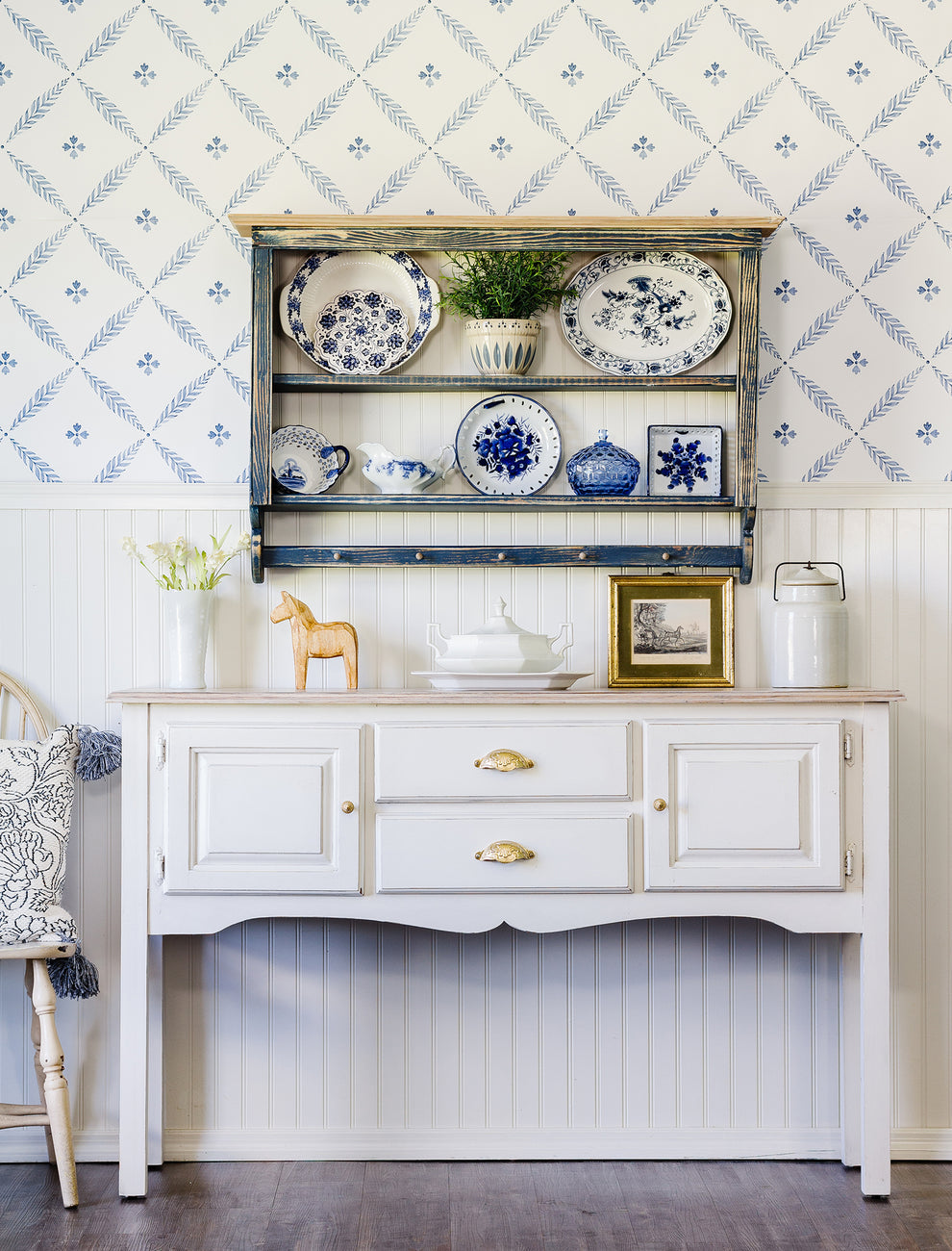 Sideboard console painted in a smooth finish in Homestead House Milk Paint Gustavian White 