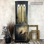 Load image into Gallery viewer, Moody Rustic Refuge Redesign with Prima Bird Decoupage Fiber Paper on the door of a painted antique corner cabinet
