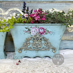 Load image into Gallery viewer, Claire Redesign with Prima Decor Mould featuring floral scrolls applied to a distressed blue transfer with floral transfer
