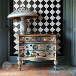 Load image into Gallery viewer, Whimsical Realms Redesign with Prima Transfer with Alice in Wonderland and Mad Hatter images applied to a chest of drawers
