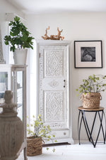 Load image into Gallery viewer, Homestead House Milk Paint Raw Silk carved and distressed tall vintage corner cabinet
