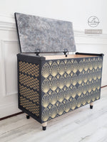 Load image into Gallery viewer, Gold on Charcoal Art Deco Redesign with Prima Stencil Fan Design Stencil
