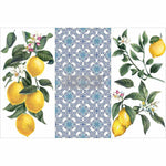 Load image into Gallery viewer, Lemon Tree Redesign with Prima Small Transfer - realistic watercolour lemons hanging on branches, plus a blue geometric tile design
