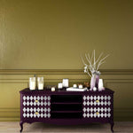 Load image into Gallery viewer, Silver Harlequin Extra Large Redesign with Prima Transfer - large repeating diamond pattern on the doors of a large dark purple sideboard
