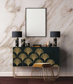 Load image into Gallery viewer, Interlinked Fans Redesign with Prima Extra Large Transfer - geometric repeating gold fan design on the front of a black sideboard
