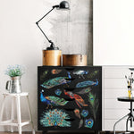Load image into Gallery viewer, Peacock Dreams Redesign with Prima X Large Transfer, peacocks and peacock feathers on a black chest of drawers
