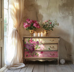 Load image into Gallery viewer, Lush Florals 1 Redesign with Prima X Large Transfer featuring large pink roses and peonies, applied to an ornate bohemian blended pink and cream chest of drawers
