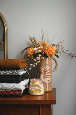 Load image into Gallery viewer, Foliage Collector Redesign with Prima Small Transfer - autumn leaves, seeds and flowers displayed in scrapbook style applied to the front of earthernware vases
