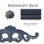 Load image into Gallery viewer, Homestead House Milk Paint Midnight Blue Flat Lay with powder, painted trim and distressed moulding
