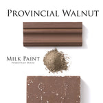 Load image into Gallery viewer, Homestead House Milk Paint Provincial Walnut Flat Lay with powder, painted trim and textured sample

