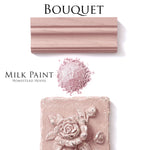 Load image into Gallery viewer, Homestead House Milk Paint Bouquet Flat Lay with powder, painted trim and distressed rose moulding
